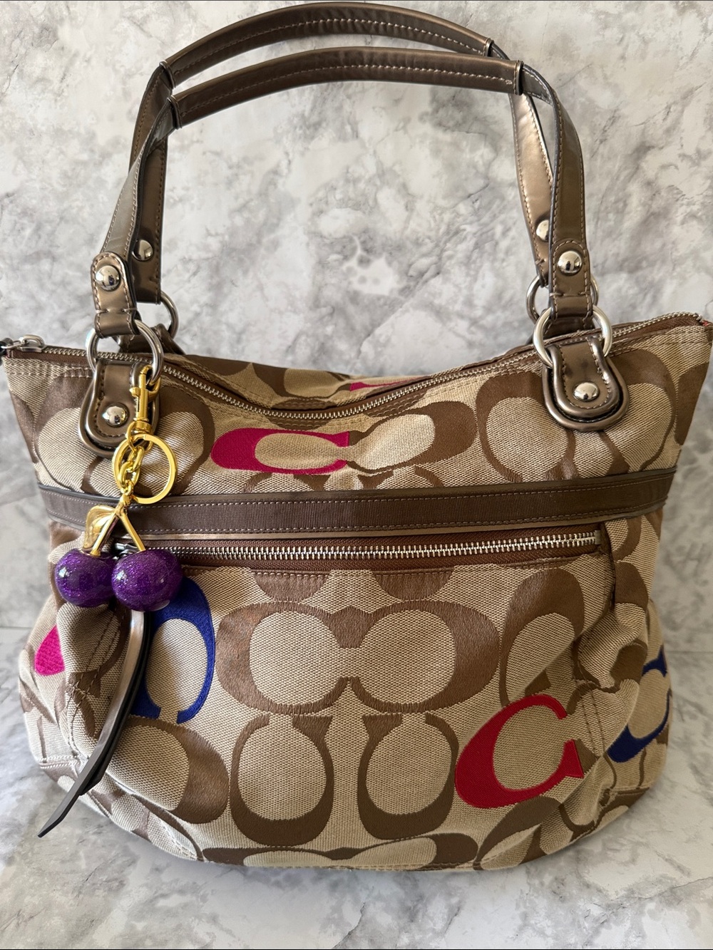 Coach Tan Signature Canvas Shoulder Bag with Pink & Blue Accents